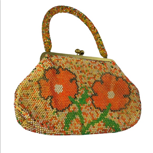 Beautiful Vintage orange flower bead purse beaded 1970s - Picture 11 of 12